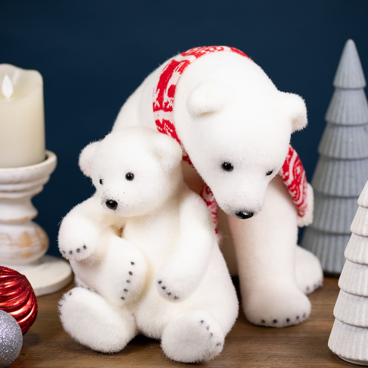 Northlight Sitting Polar Bear Mom and Cub Christmas Figure - 14.5" - White and Red